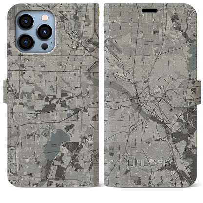 【ダラス（アメリカ）】地図柄iPhoneケース（手帳タイプ）モノトーン・iPhone 13 Pro Max 用
