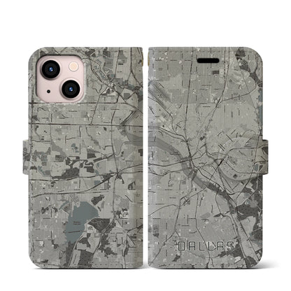 【ダラス（アメリカ）】地図柄iPhoneケース（手帳タイプ）モノトーン・iPhone 13 mini 用