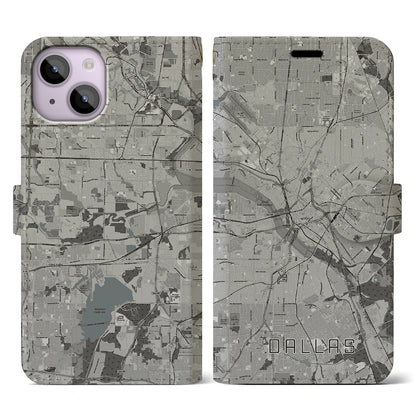 【ダラス（アメリカ）】地図柄iPhoneケース（手帳タイプ）モノトーン・iPhone 14 用
