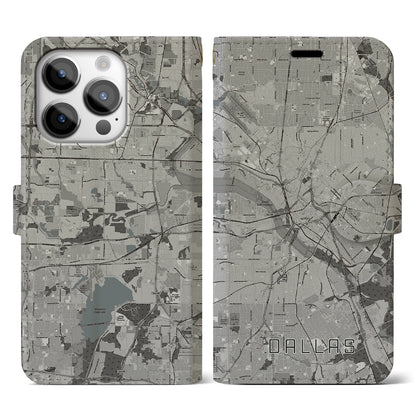 【ダラス（アメリカ）】地図柄iPhoneケース（手帳タイプ）モノトーン・iPhone 14 Pro 用
