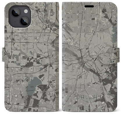 【ダラス（アメリカ）】地図柄iPhoneケース（手帳タイプ）モノトーン・iPhone 14 Plus 用