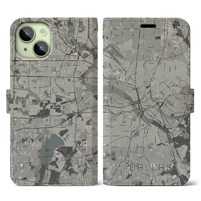 【ダラス（アメリカ）】地図柄iPhoneケース（手帳タイプ）モノトーン・iPhone 15 用