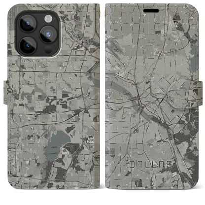 【ダラス（アメリカ）】地図柄iPhoneケース（手帳タイプ）モノトーン・iPhone 15 Pro Max 用