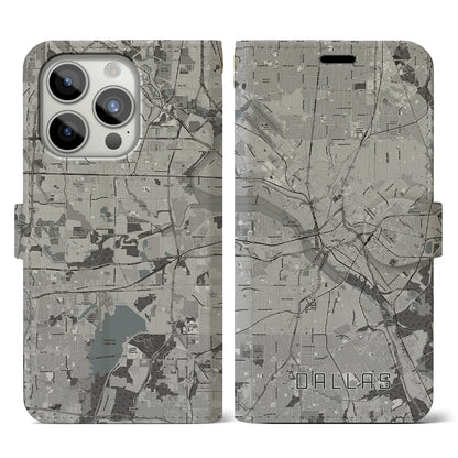 【ダラス（アメリカ）】地図柄iPhoneケース（手帳タイプ）モノトーン・iPhone 15 Pro 用