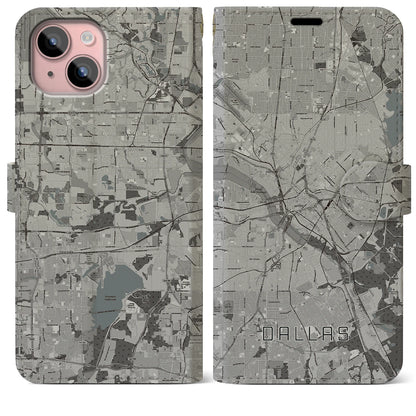 【ダラス（アメリカ）】地図柄iPhoneケース（手帳タイプ）モノトーン・iPhone 15 Plus 用
