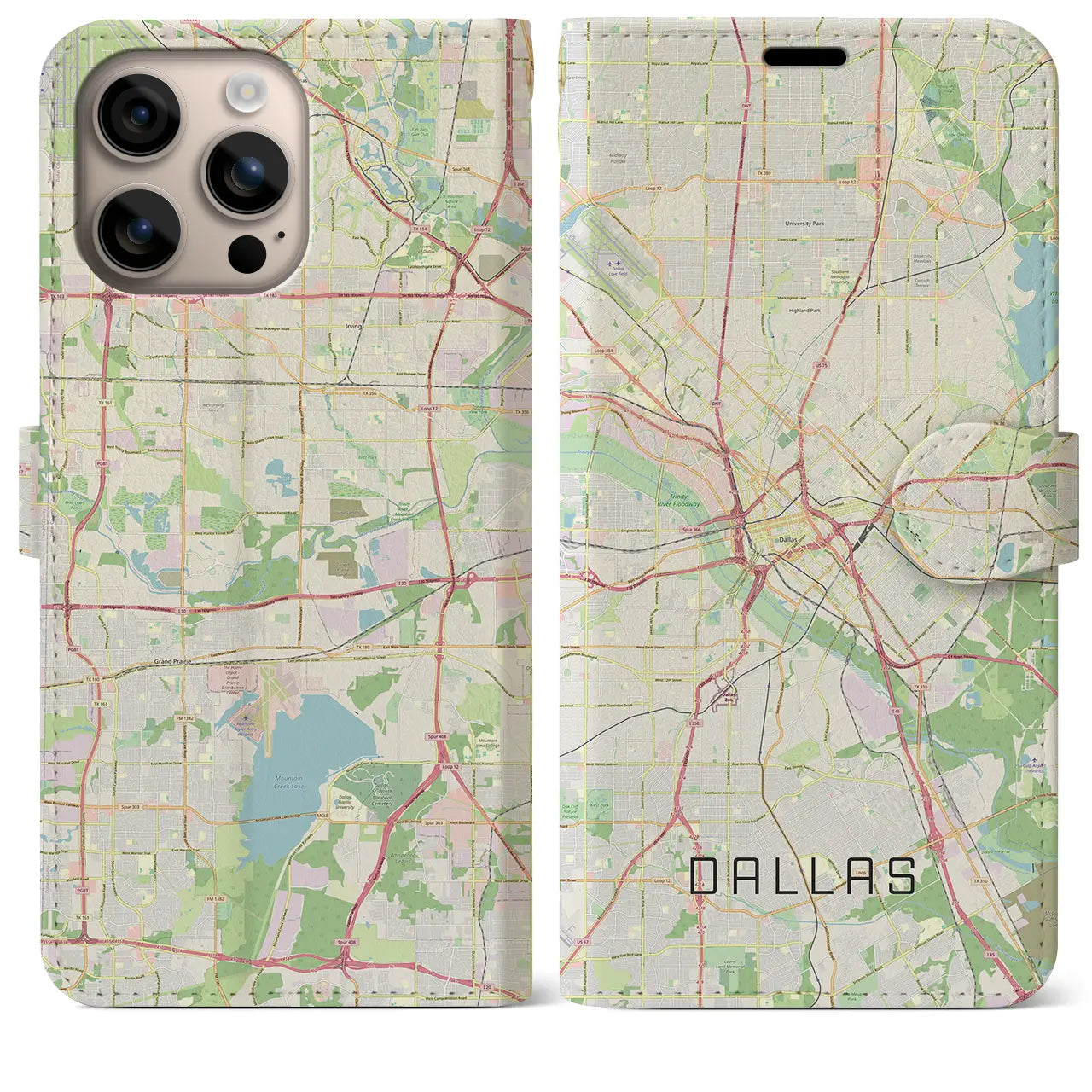 【ダラス（アメリカ）】地図柄iPhoneケース（手帳タイプ）ナチュラル・iPhone 16 Plus 用