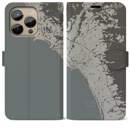 【伊達（北海道）】地図柄iPhoneケース（手帳タイプ）モノトーン・iPhone 14 Pro Max 用