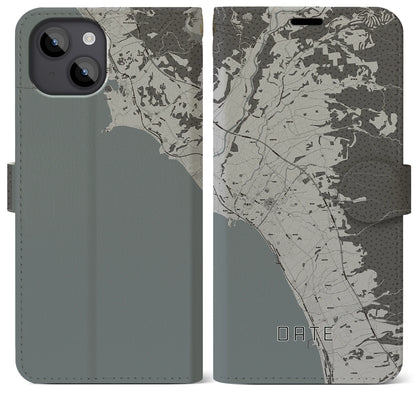 【伊達（北海道）】地図柄iPhoneケース（手帳タイプ）モノトーン・iPhone 14 Plus 用