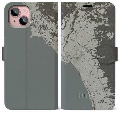 【伊達（北海道）】地図柄iPhoneケース（手帳タイプ）モノトーン・iPhone 15 Plus 用