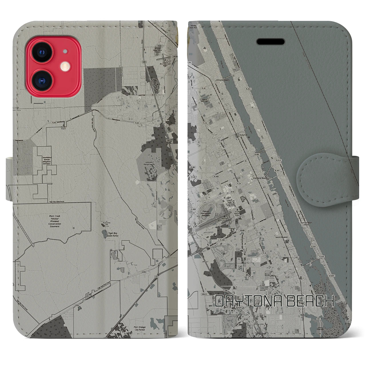 【デイトナビーチ】地図柄iPhoneケース（手帳両面タイプ・モノトーン）iPhone 11 用