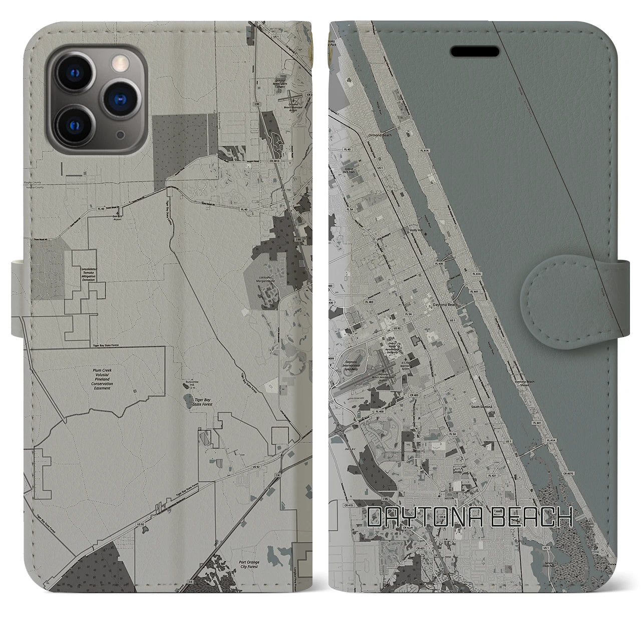 【デイトナビーチ】地図柄iPhoneケース（手帳両面タイプ・モノトーン）iPhone 11 Pro Max 用