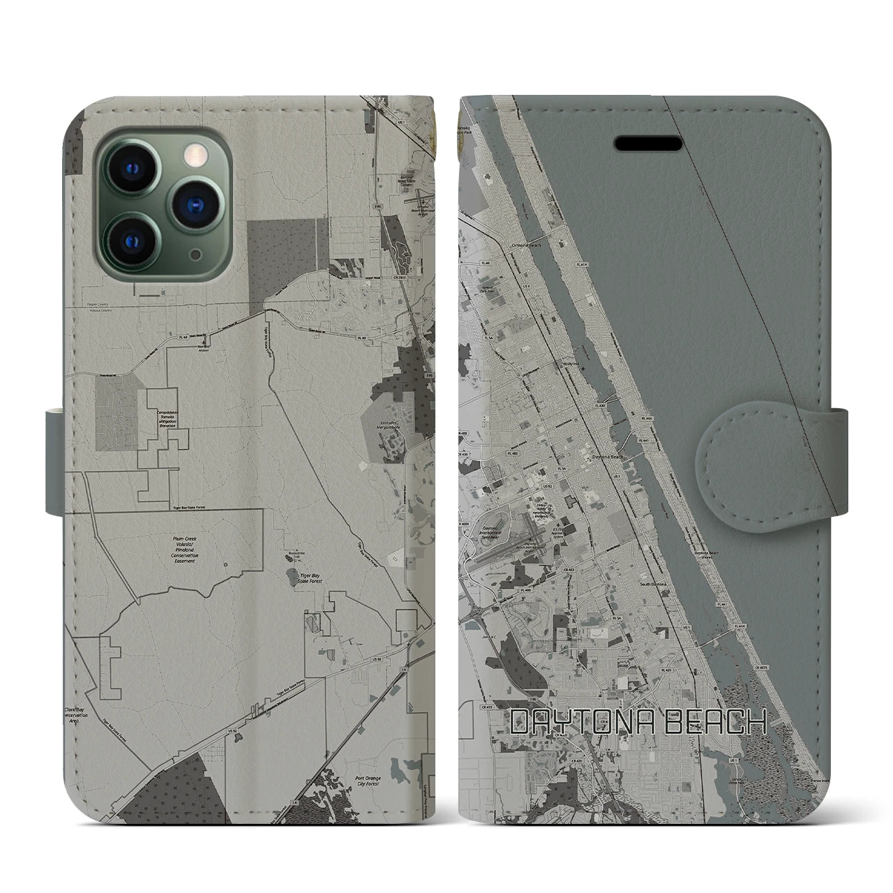 【デイトナビーチ】地図柄iPhoneケース（手帳両面タイプ・モノトーン）iPhone 11 Pro 用