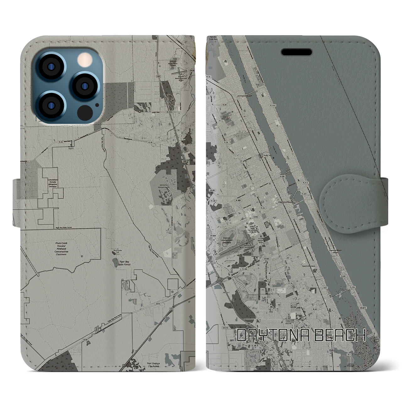 【デイトナビーチ】地図柄iPhoneケース（手帳両面タイプ・モノトーン）iPhone 12 / 12 Pro 用