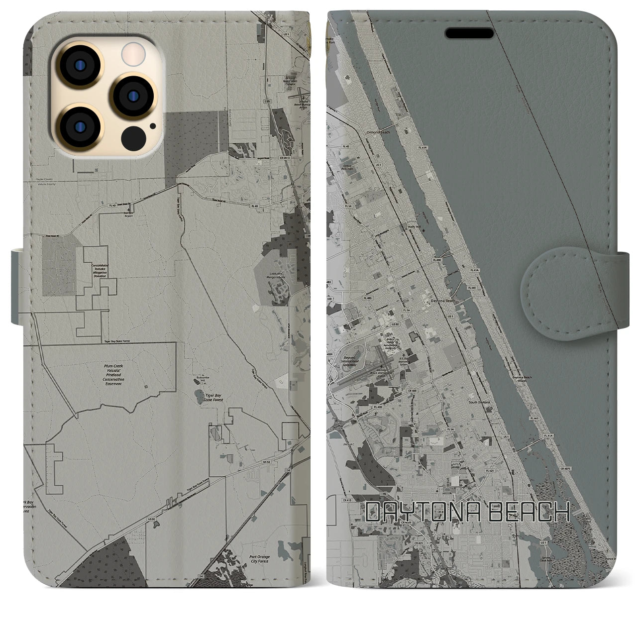 【デイトナビーチ】地図柄iPhoneケース（手帳両面タイプ・モノトーン）iPhone 12 Pro Max 用