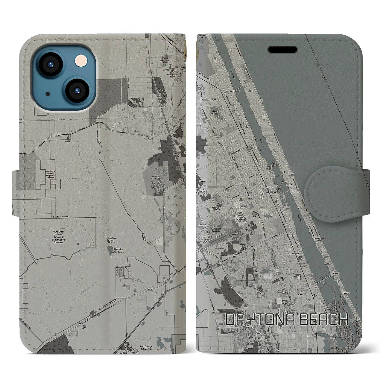 【デイトナビーチ】地図柄iPhoneケース（手帳両面タイプ・モノトーン）iPhone 13 用