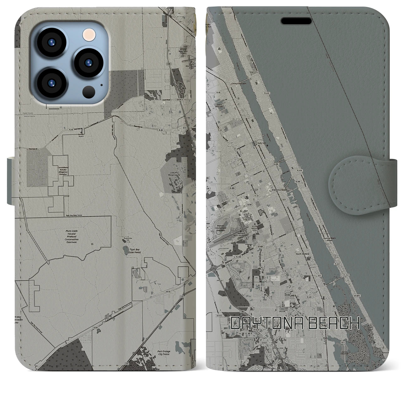 【デイトナビーチ】地図柄iPhoneケース（手帳両面タイプ・モノトーン）iPhone 13 Pro Max 用