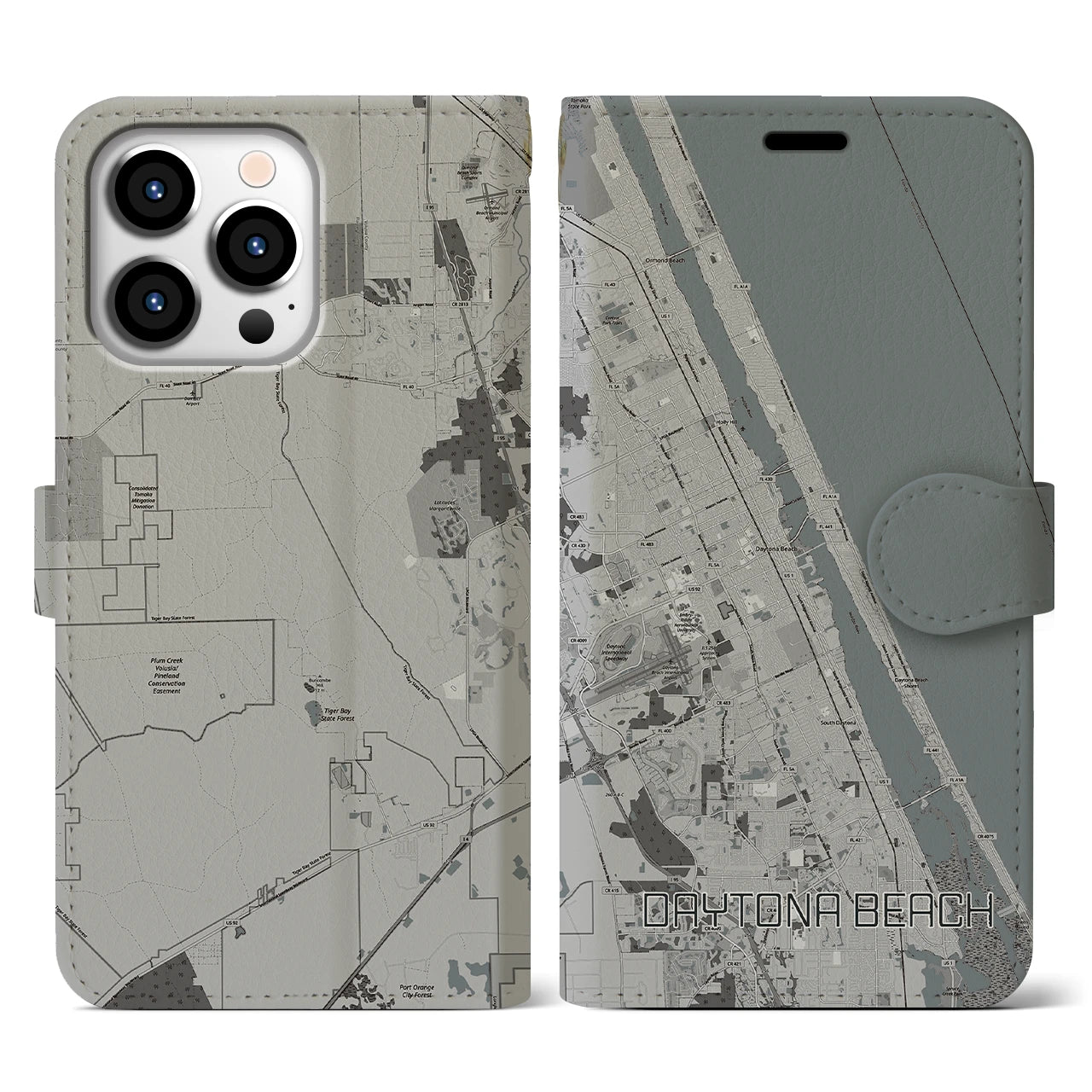 【デイトナビーチ】地図柄iPhoneケース（手帳両面タイプ・モノトーン）iPhone 13 Pro 用