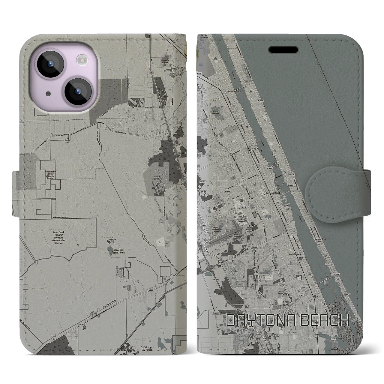 【デイトナビーチ】地図柄iPhoneケース（手帳両面タイプ・モノトーン）iPhone 14 用