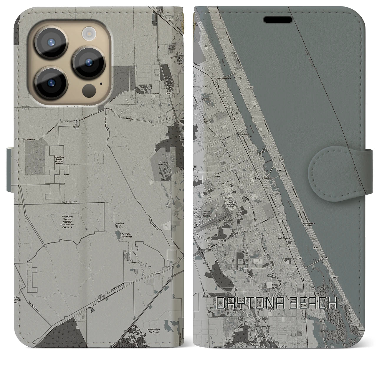 【デイトナビーチ】地図柄iPhoneケース（手帳両面タイプ・モノトーン）iPhone 14 Pro Max 用