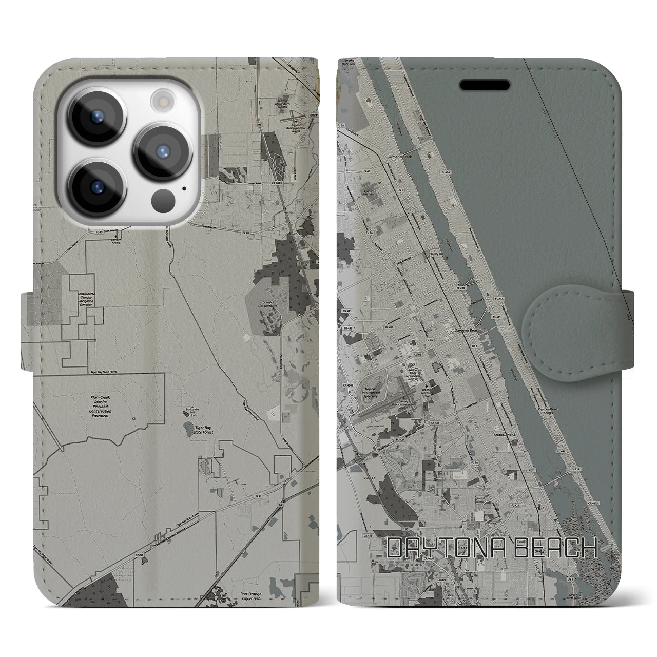 【デイトナビーチ】地図柄iPhoneケース（手帳両面タイプ・モノトーン）iPhone 14 Pro 用