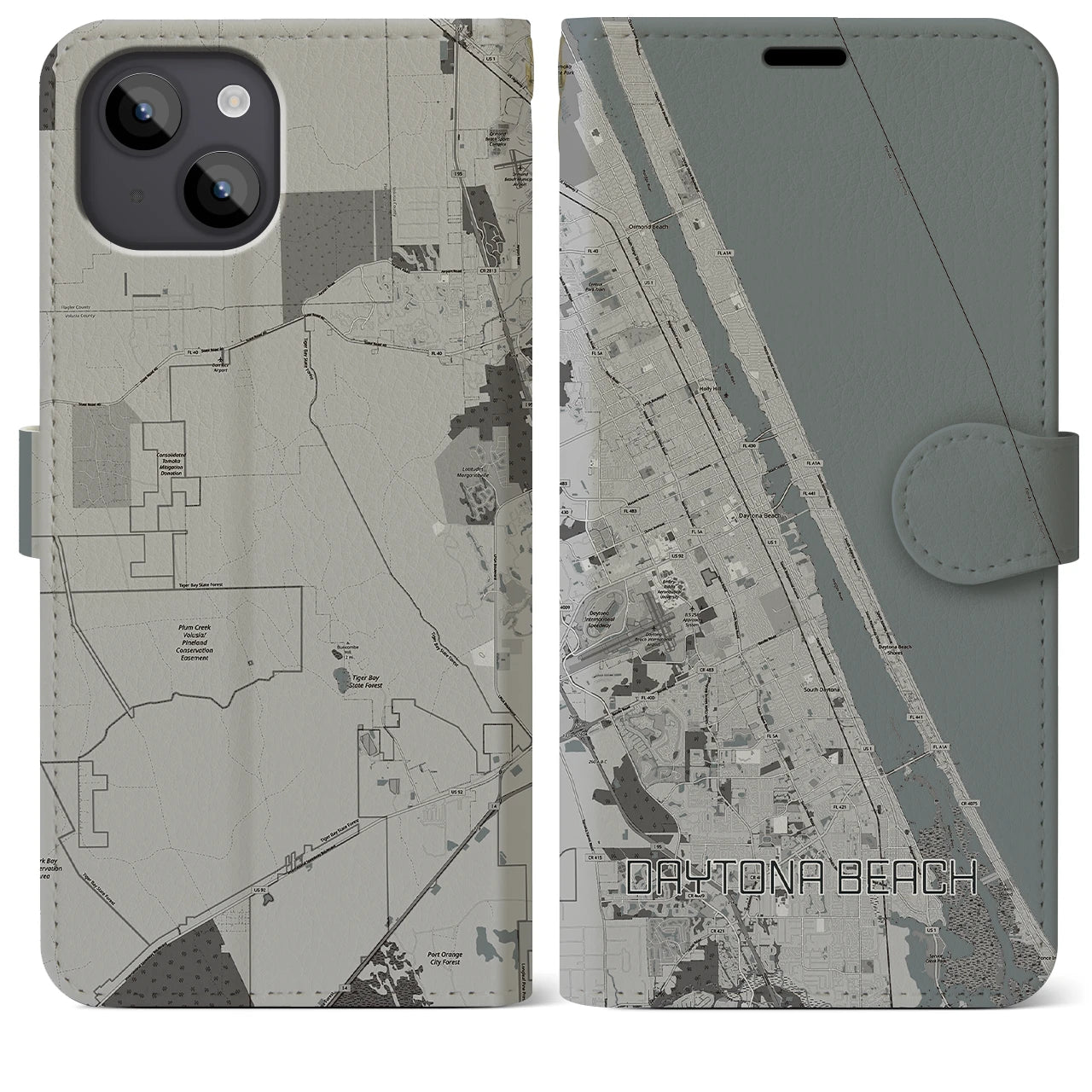 【デイトナビーチ】地図柄iPhoneケース（手帳両面タイプ・モノトーン）iPhone 14 Plus 用