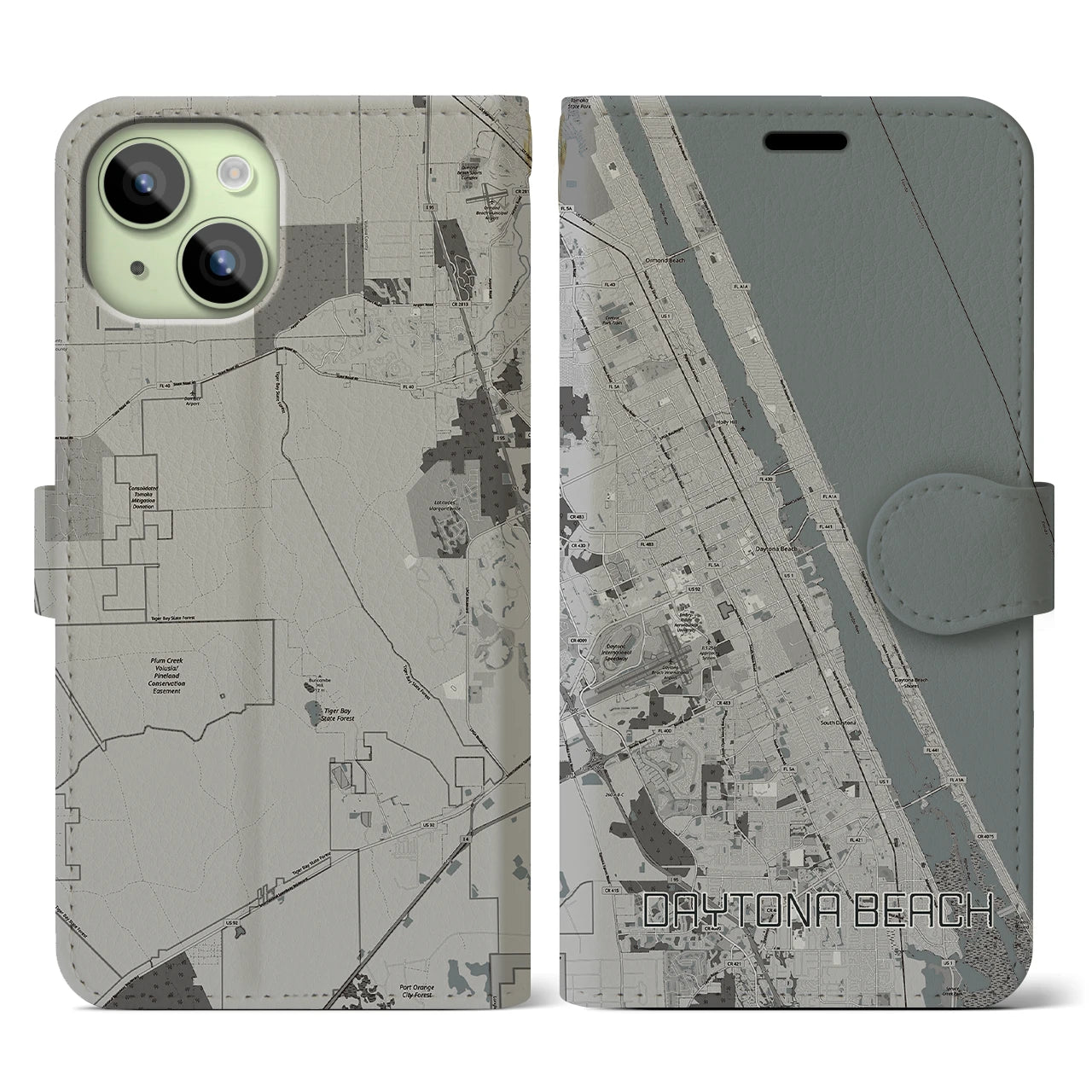 【デイトナビーチ】地図柄iPhoneケース（手帳両面タイプ・モノトーン）iPhone 15 用