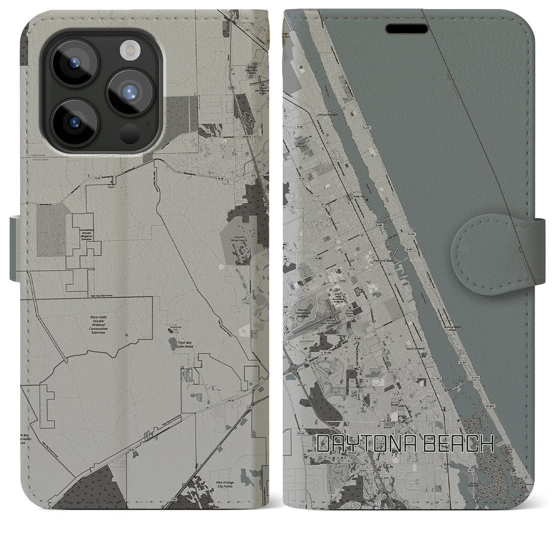 【デイトナビーチ】地図柄iPhoneケース（手帳両面タイプ・モノトーン）iPhone 15 Pro Max 用