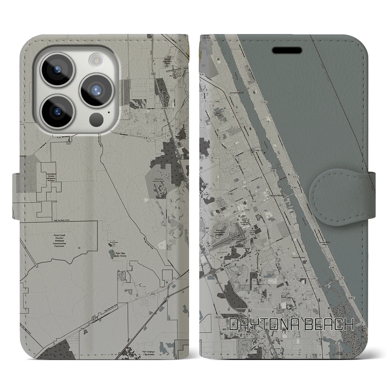 【デイトナビーチ】地図柄iPhoneケース（手帳両面タイプ・モノトーン）iPhone 15 Pro 用