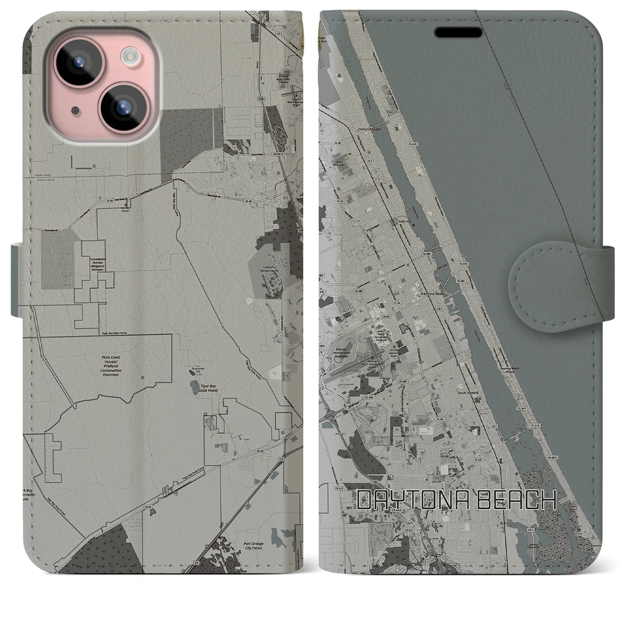 【デイトナビーチ】地図柄iPhoneケース（手帳両面タイプ・モノトーン）iPhone 15 Plus 用