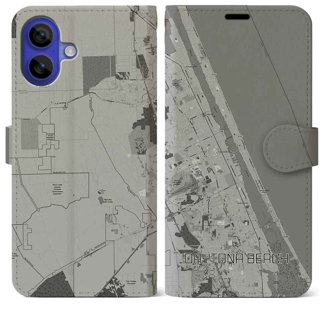 【デイトナビーチ(アメリカ)】地図柄iPhoneケース(手帳タイプ)モノトーン・iPhone 16 Pro Max 用