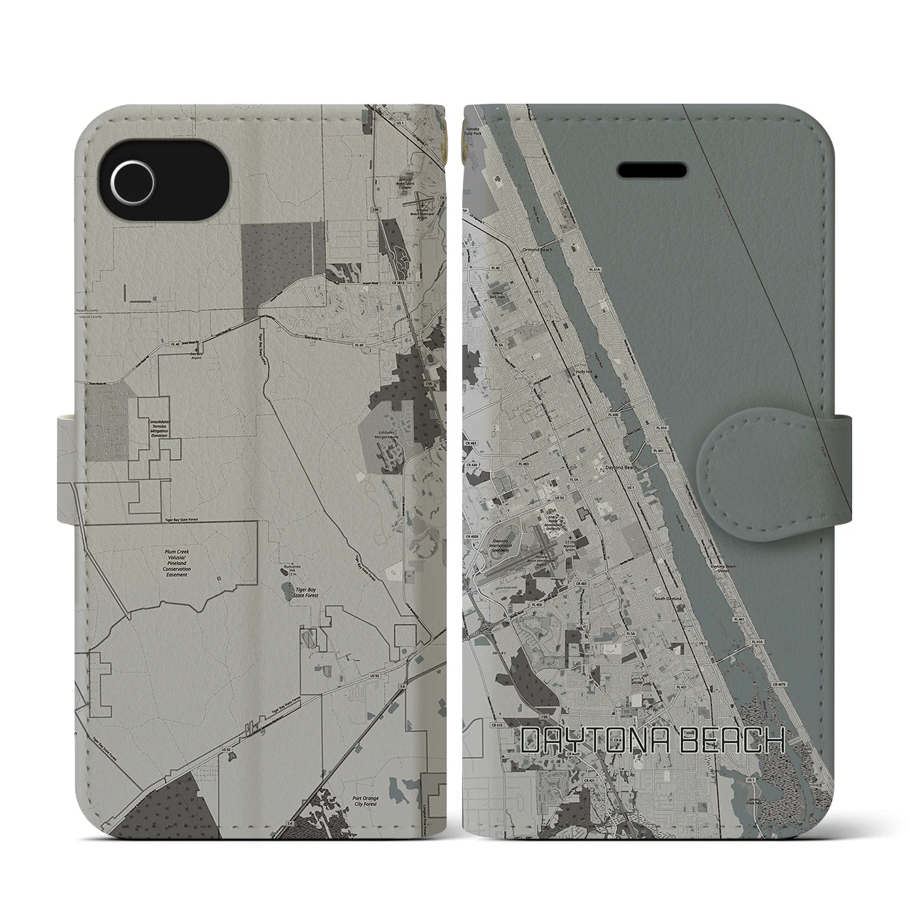 【デイトナビーチ】地図柄iPhoneケース（手帳両面タイプ・モノトーン）iPhone SE（第3 / 第2世代） / 8 / 7 / 6s / 6 用