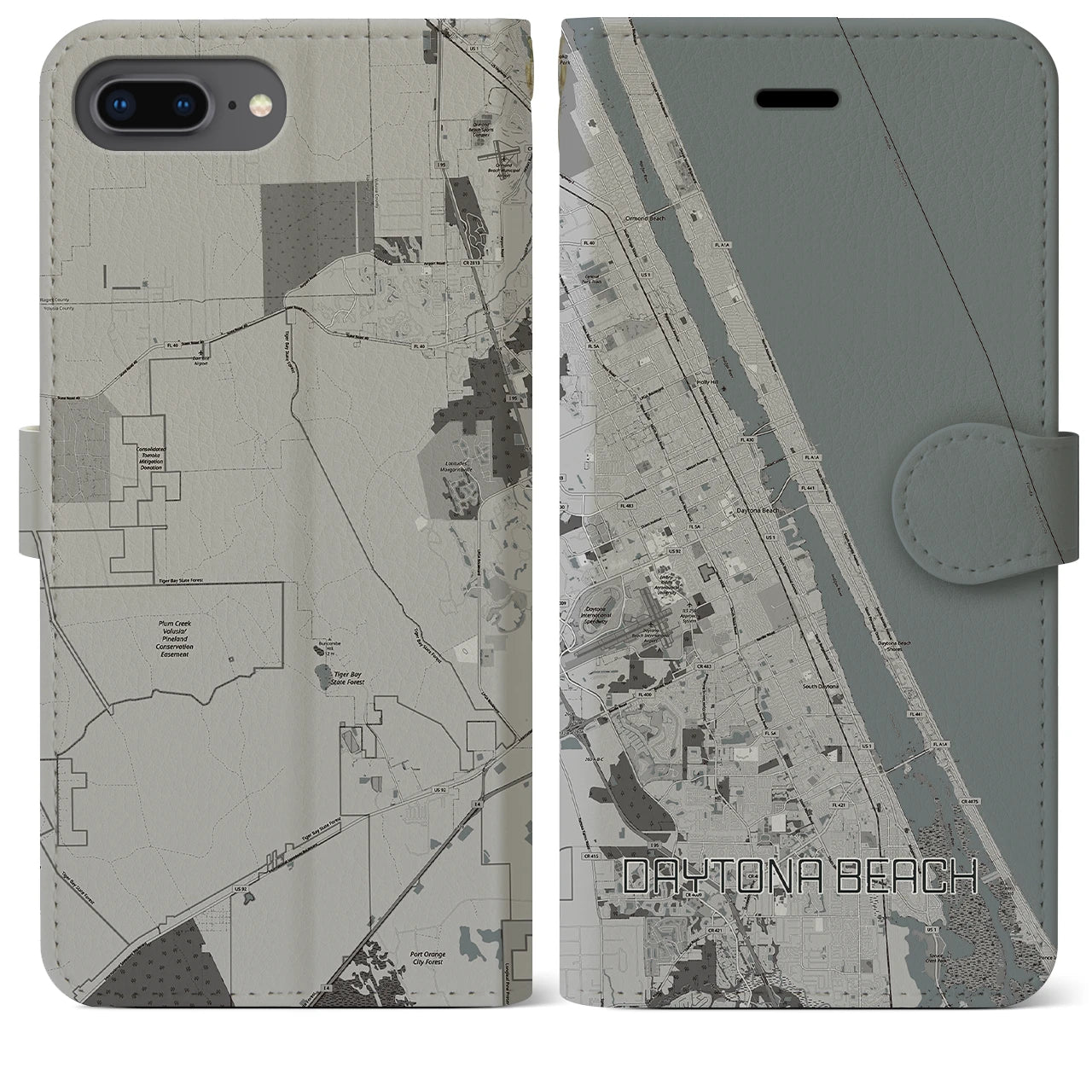 【デイトナビーチ】地図柄iPhoneケース（手帳両面タイプ・モノトーン）iPhone 8Plus /7Plus / 6sPlus / 6Plus 用