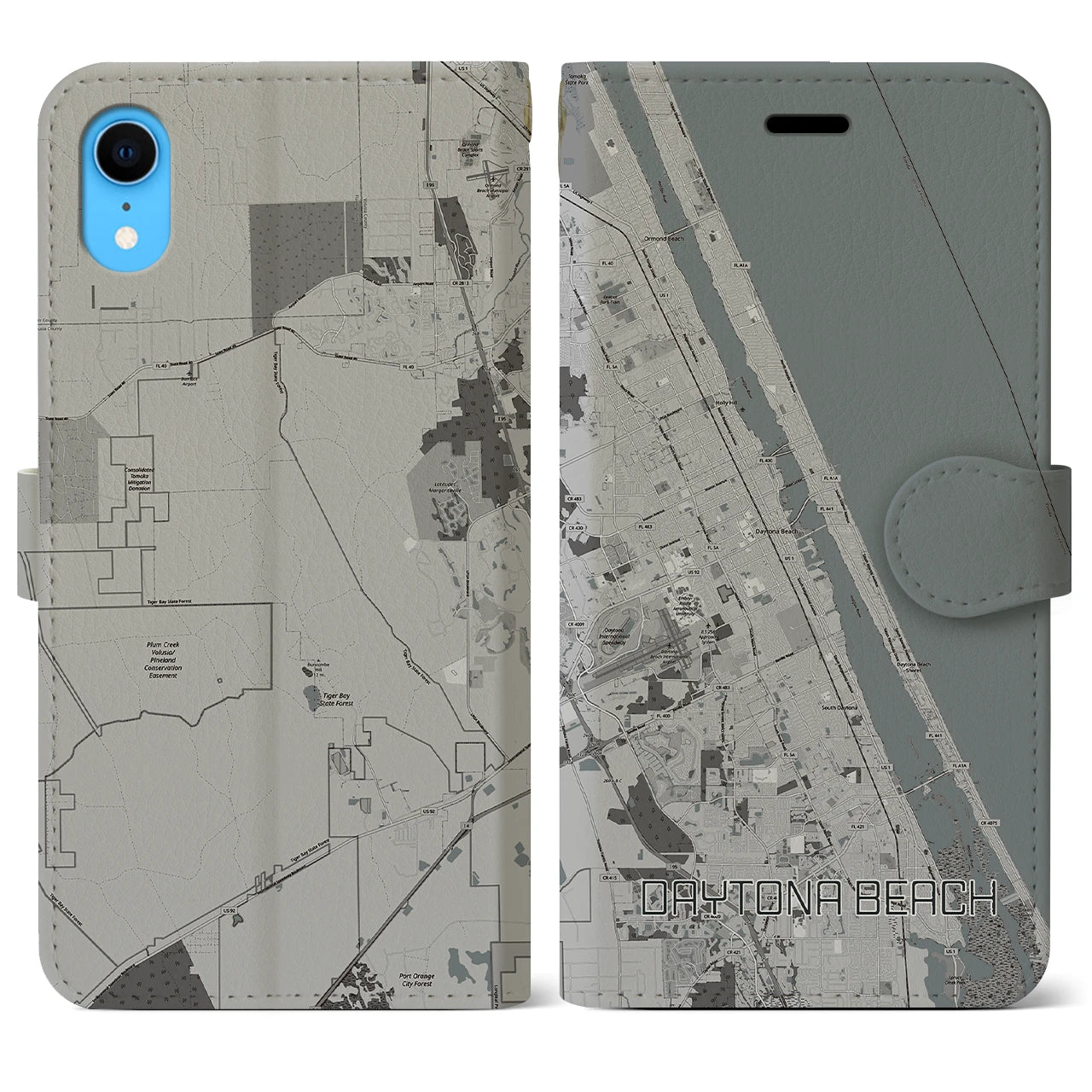 【デイトナビーチ】地図柄iPhoneケース（手帳両面タイプ・モノトーン）iPhone XR 用