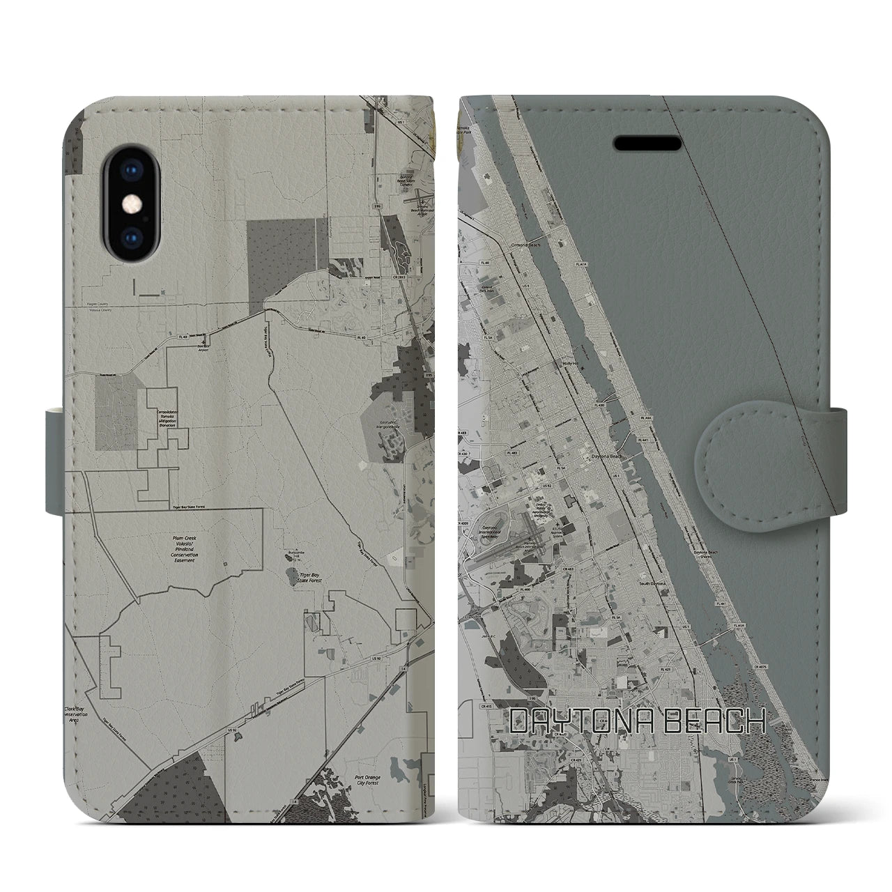 【デイトナビーチ】地図柄iPhoneケース（手帳両面タイプ・モノトーン）iPhone XS / X 用