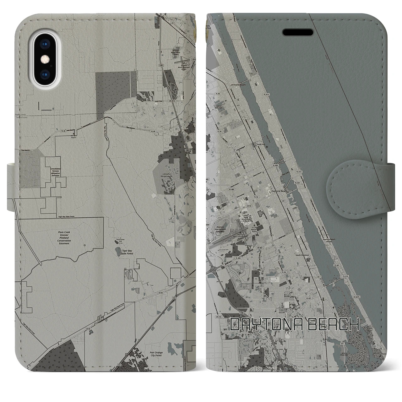 【デイトナビーチ】地図柄iPhoneケース（手帳両面タイプ・モノトーン）iPhone XS Max 用