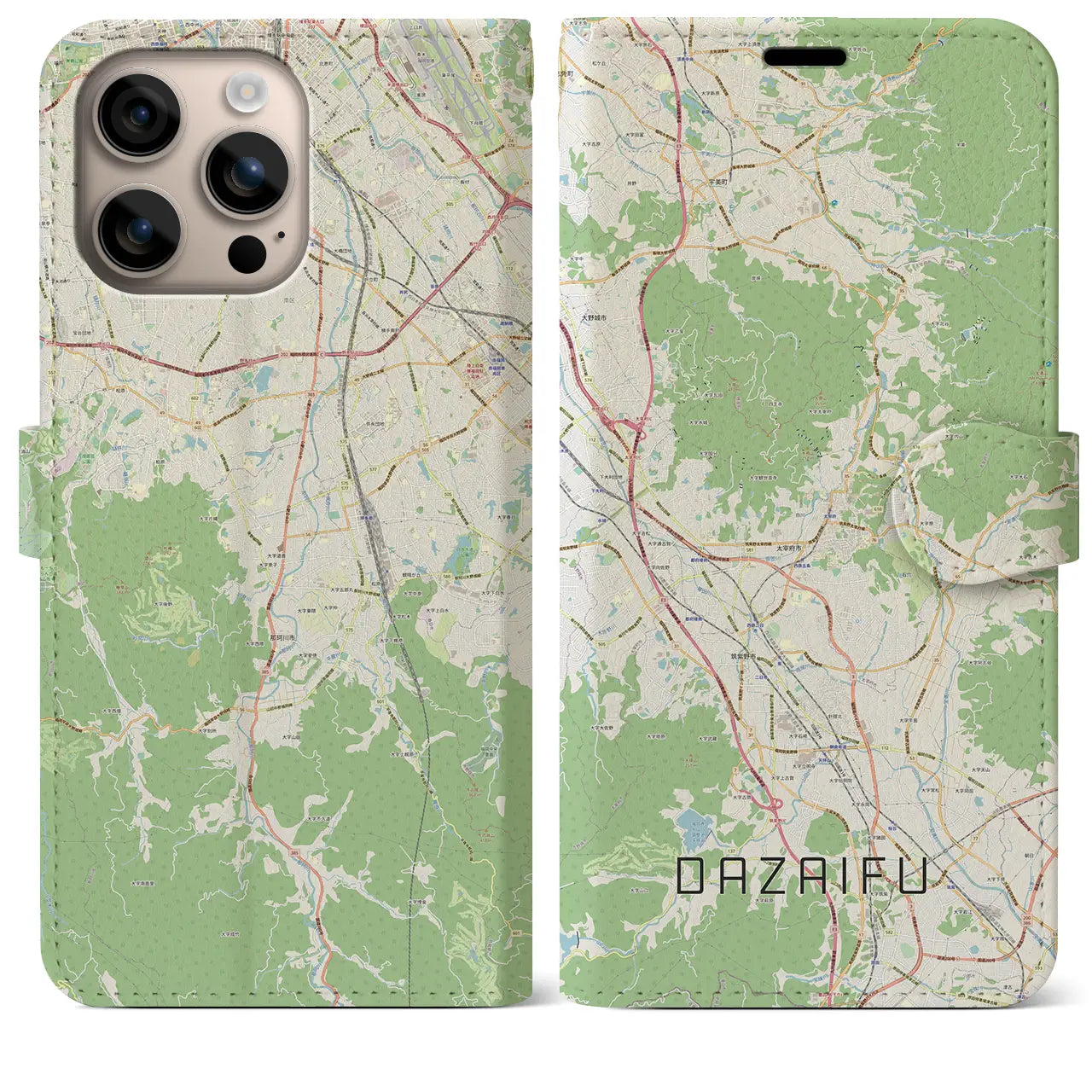 【太宰府（福岡県）】地図柄iPhoneケース（手帳タイプ）ナチュラル・iPhone 16 Plus 用