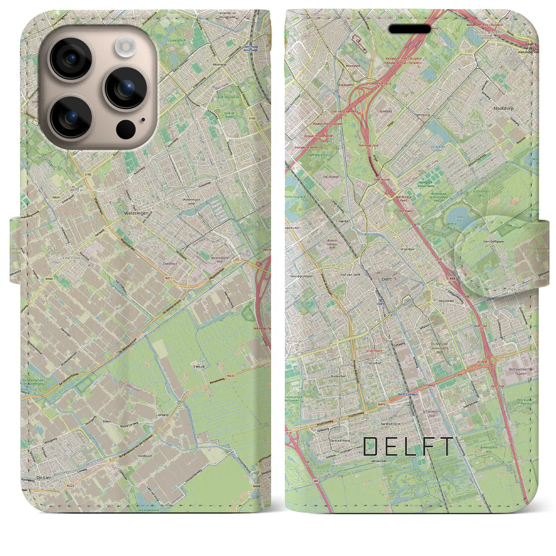 【デルフト（オランダ）】地図柄iPhoneケース（手帳タイプ）モノトーン・iPhone 16 Pro Max 用