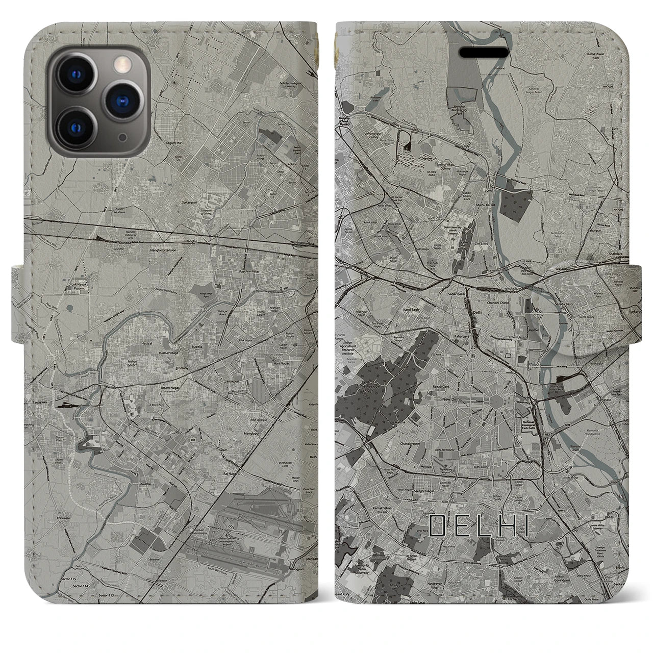 【デリー】地図柄iPhoneケース（手帳両面タイプ・モノトーン）iPhone 11 Pro Max 用