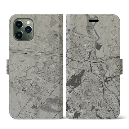 【デリー（インド）】地図柄iPhoneケース（手帳タイプ）モノトーン・iPhone 11 Pro 用