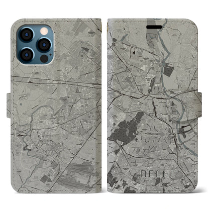 【デリー（インド）】地図柄iPhoneケース（手帳タイプ）モノトーン・iPhone 12 / 12 Pro 用