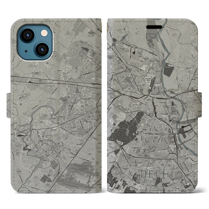 【デリー（インド）】地図柄iPhoneケース（手帳タイプ）モノトーン・iPhone 13 用