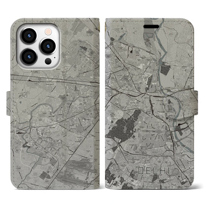 【デリー（インド）】地図柄iPhoneケース（手帳タイプ）モノトーン・iPhone 13 Pro 用
