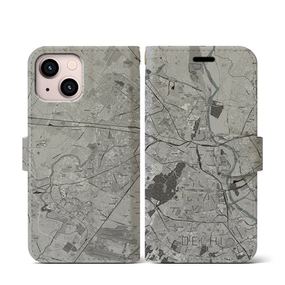 【デリー（インド）】地図柄iPhoneケース（手帳タイプ）モノトーン・iPhone 13 mini 用