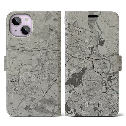 【デリー（インド）】地図柄iPhoneケース（手帳タイプ）モノトーン・iPhone 14 用