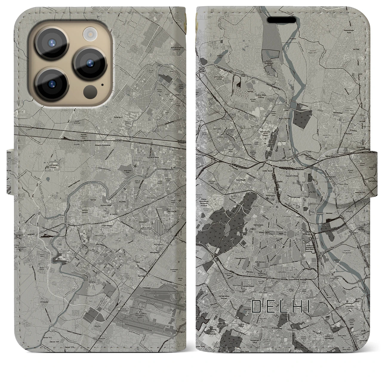 【デリー】地図柄iPhoneケース（手帳両面タイプ・モノトーン）iPhone 14 Pro Max 用