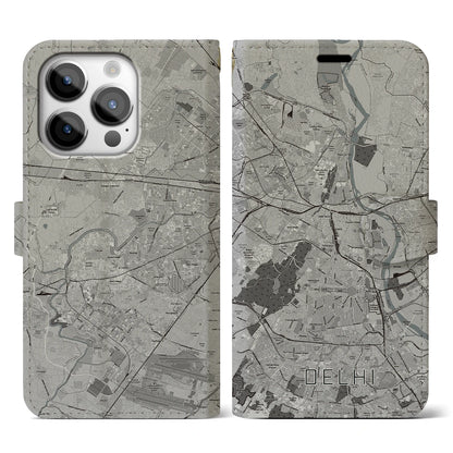 【デリー（インド）】地図柄iPhoneケース（手帳タイプ）モノトーン・iPhone 14 Pro 用