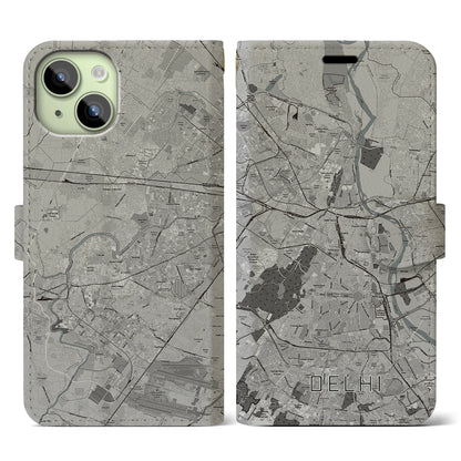 【デリー（インド）】地図柄iPhoneケース（手帳タイプ）モノトーン・iPhone 15 用