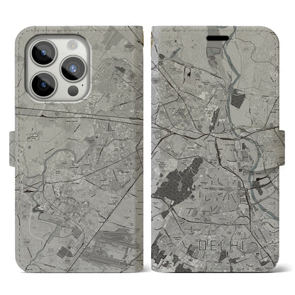 【デリー（インド）】地図柄iPhoneケース（手帳タイプ）モノトーン・iPhone 15 Pro 用