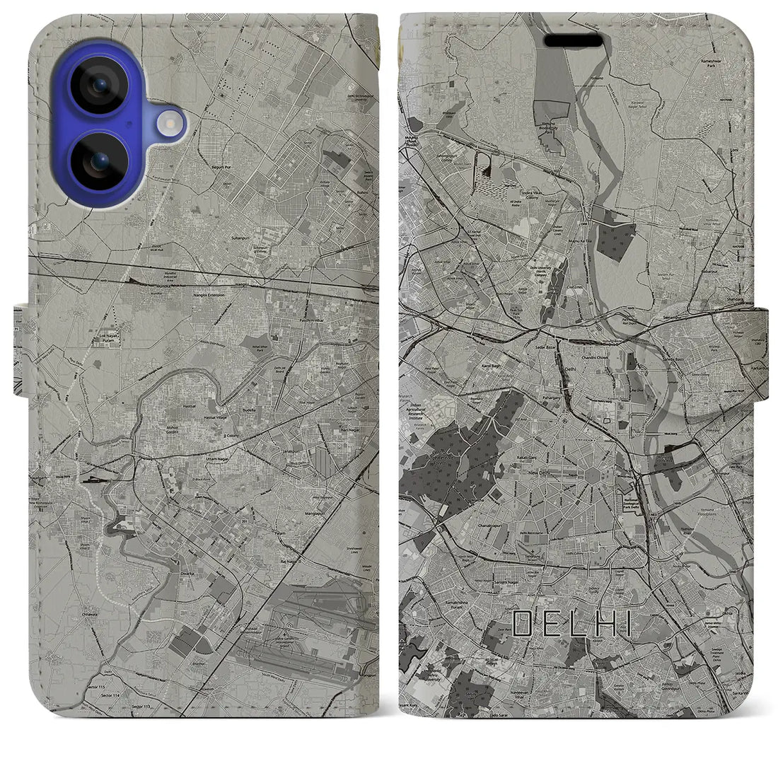 【デリー(インド)】地図柄iPhoneケース(手帳タイプ)モノトーン・iPhone 16 Pro Max 用