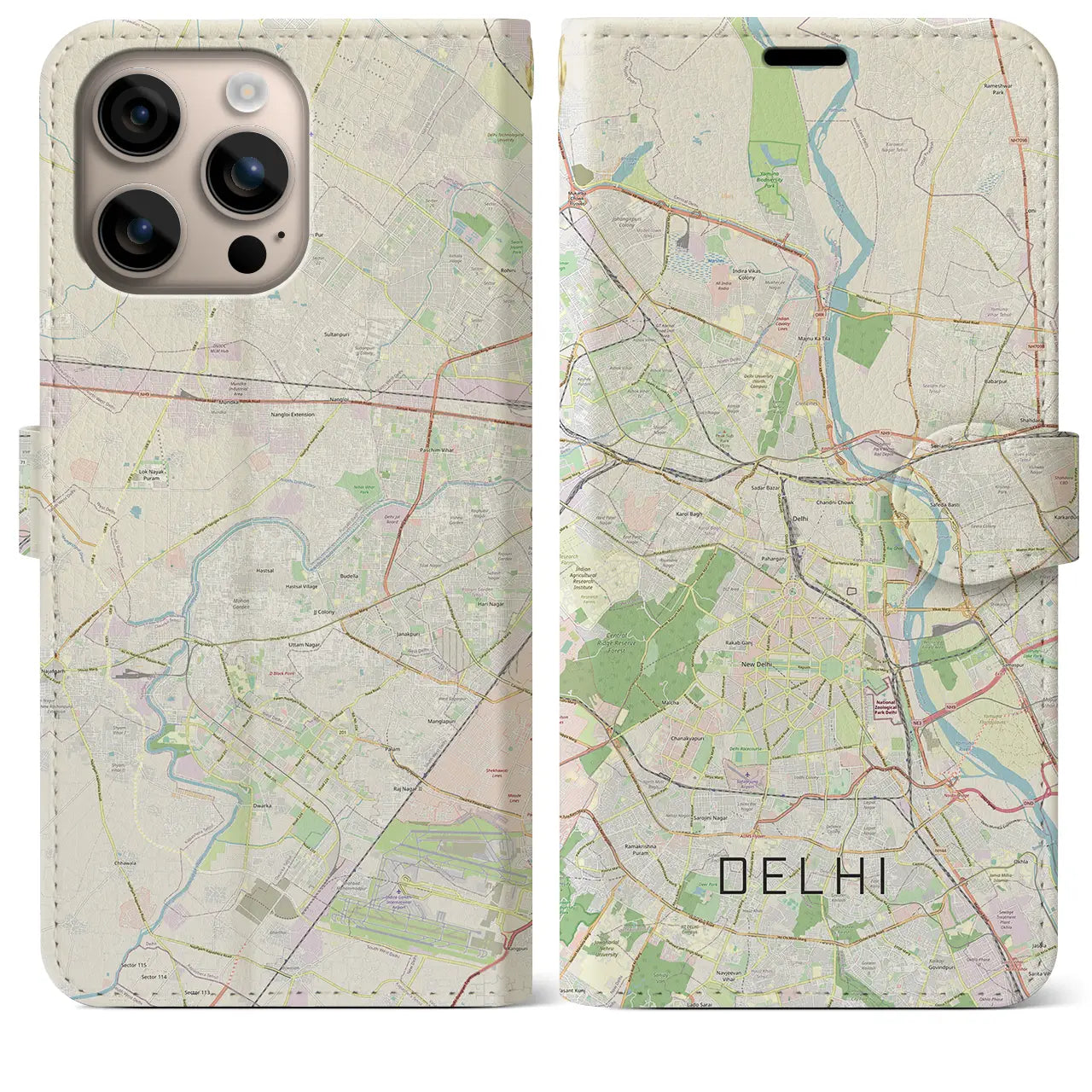 【デリー（インド）】地図柄iPhoneケース（手帳タイプ）ナチュラル・iPhone 16 Plus 用